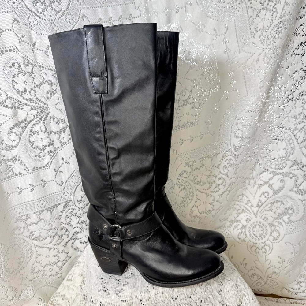 Muro Unique Shoes Vintage Black Leather Harness Knee High Boots Women's 9.5